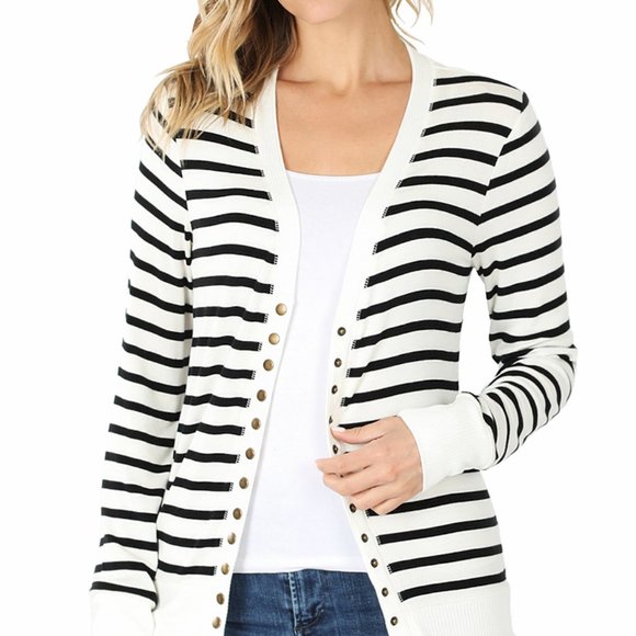 PLUS STRIPED SNAP BUTTON CARDIGAN SWEATER RIB DETAILS ON NECKLINE, HEM & SLEEVE - Picture 3 of 3